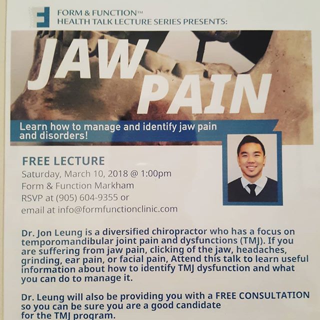Get a lot of headaches? Persistent neck pain? Jaw pain? It could be your TMJ!I&;m doin a brief lecture on the TMJ, signs symptoms, what to look for and it&;s intimate relationship with the neck.Swing by Unionville athletic club at 1pm today and come check it out! 8500 warden AveL6G 1A5